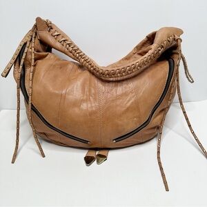 orYANY x Free People Jasmine Tan Leather Large Fringe Studded Hobo Bag
